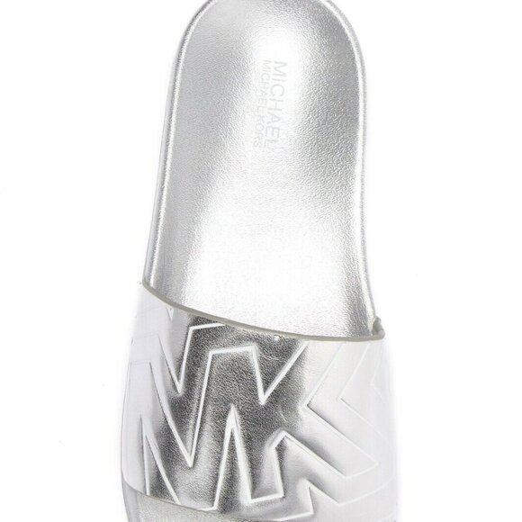 Michael Kors Gilmore Slides Metallic Silver MK Logo Women's Size 10 New In Box - Picture 2 of 15